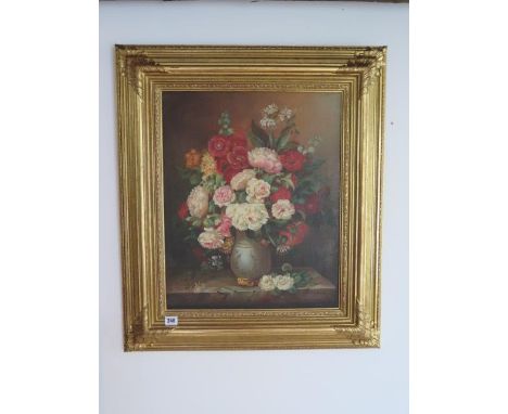 An oil on canvas still life, signed J K Bringel, in  a gilt frame, frame size 77cm x 66cm, overall good condition apart from 