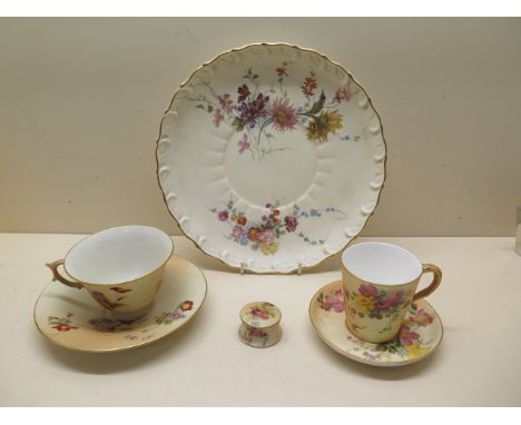 Two Royal Worcester blush ware cups and saucers, a small lidded pot and a dished plate, 24cm wide, all generally good 