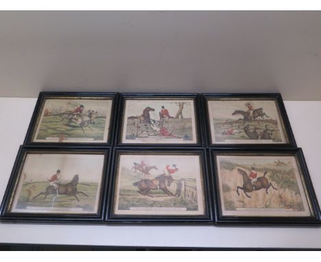 A set of six humerous hunting prints in ebonised frames, frame size 17cm x 22cm, damage to two prints others reasonably good 