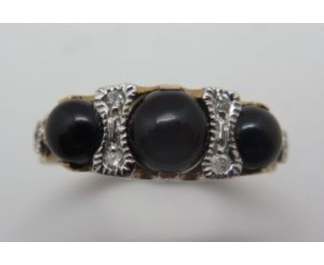 A 9ct yellow gold Victorian style onyx and diamond ring, size M 1/2, hallmarked, approx 3.3 grams, in good condition 