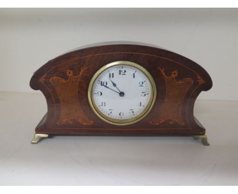 An Edwardian inlaid mantle clock, 8 day, 15cm tall in running order 