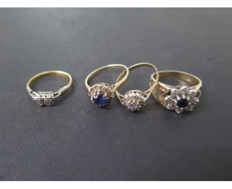 Three hallmarked 9ct yellow gold rings, sizes Q and O, approx 8.4 grams, and an 18ct ring, marked 18ct, approx 2 grams, size 