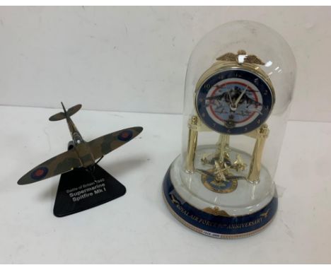 Royal Airforce 90th anniversary domed clock together with a desk-top Spitfire model (2) 