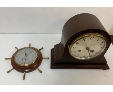 Early 20thC mantle clock and small ships wheel barometer (2) 
