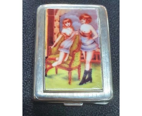 Birmingham 1921 Art Deco silver engine turned vesta with an erotic enamal front 