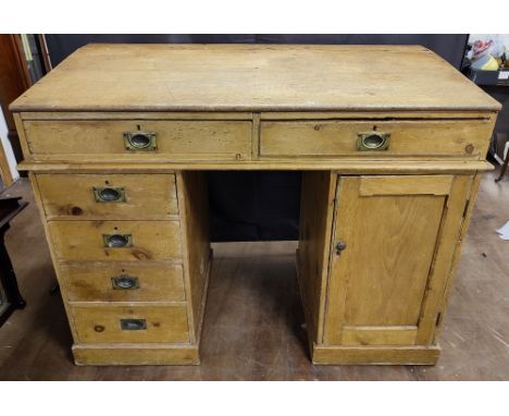 Antique twin-pedestal Pine desk with brass handles 