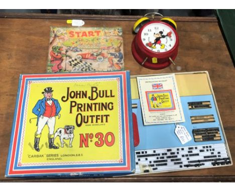 Mickey Mouse alarm clock, vintage jigsaw, John Bull Printing outfit (3) 