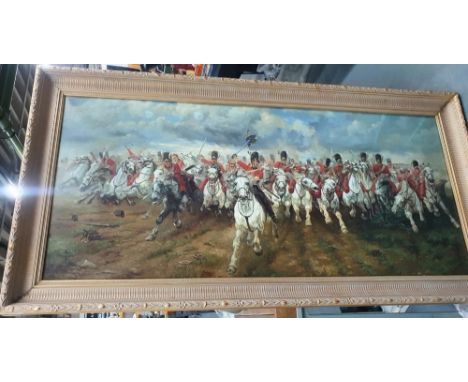 Stunning large modern unsigned oil on canvas over print base depicting the Charge of the light brigade in fine quality gilt f