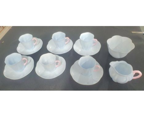 Rare Dainty blue and pink Shelley, 6 demi tasse cups &amp; saucers together with jug and sugar bowl 