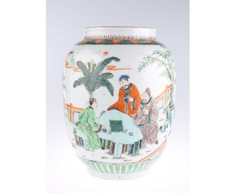 A CHINESE FAMILLE VERTE VASE 18th/19th Century, the ovoid body enamel decorated with figures. 26cm highSome surface wear in t