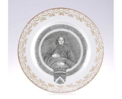 A CHINESE GRISAILLE PLATE  painted with a portrait of Petrus Boudaan (1666-1734) within a circular panel and the inscription 