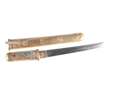 A JAPANESE SAMURAI TANTO the short sword with brass hilt and scabbard, ornately decorated with copper and white metal detaili