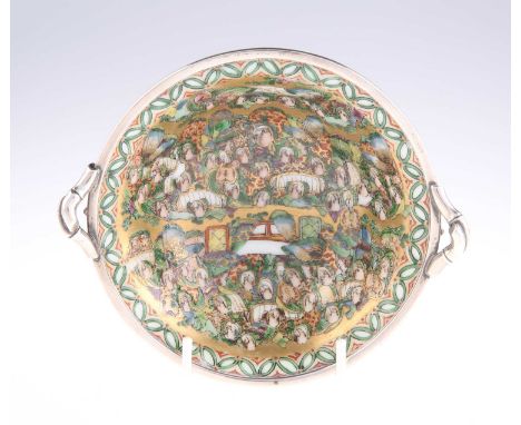 A JAPANESE SAIKO-KUTANI SILVER-MOUNTED BOWL the circular bowl enamel painted with a 'thousand faces' to the interior and inse