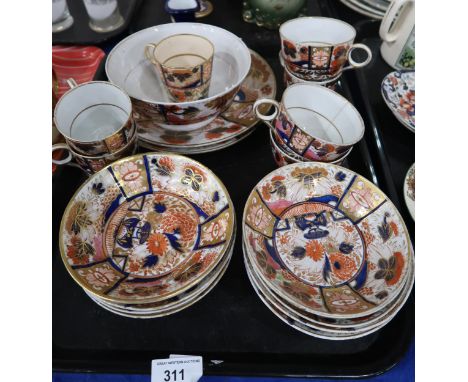 A selection of Chamberlains Worcester Imari palette teawares including cups, saucers, plates and a bowl, all marked 240 to ba