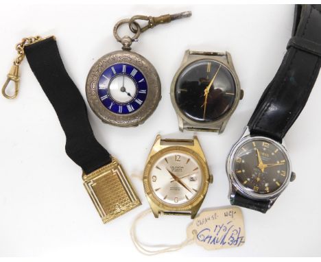A silver fob watch, with a blue enamel chapter ring, a gold plated Albertina, an Oris watch, a Olivia watch, and a Waldman wa