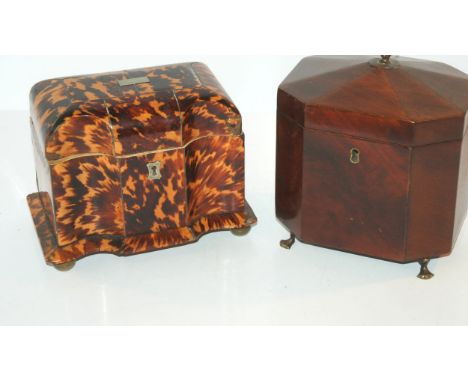 A tortoiseshell tea caddy, 16cm wide, lid dethatched, chipped and section missing and another tea caddy on brass feet, 15cm w