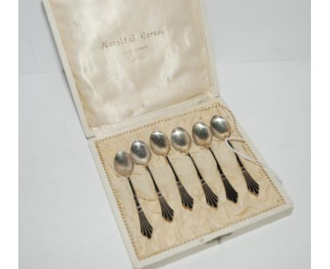 A cased set of six silver and enamel coffee spoons by Harold G Barsen, Bergen Condition report: Available upon request