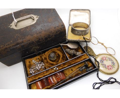 A silver Edwardian bangle, a silver topped 'salts' bottle, silver backed handbag mirror, a pair of lorgnettes and other items