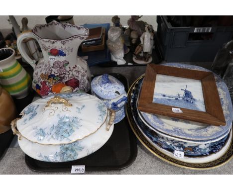 A lot comprising a large Masons Ironstone pitcher, an Imperial china floral and gilt decorated tureen, blue and white transfe