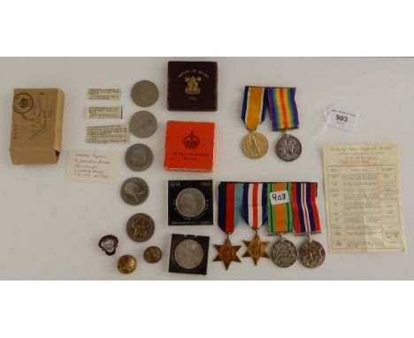 A lot comprising a WW1 group of two to 3620 Pte. J M Smith R. Highrs with a WW2 group of four and various commemorative coins