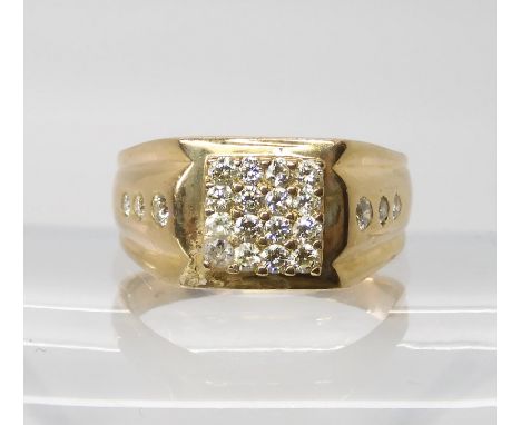 A 9k gents diamond square cluster ring set with estimated approx 0.60cts of brilliant cut diamonds. Finger size W1/2, weight 