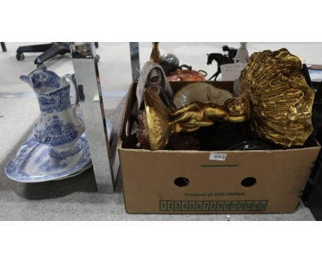 A lot comprising blue and white transfer printed platters including a Fairy Villas example, a pitcher, a gilt resin cherub ce