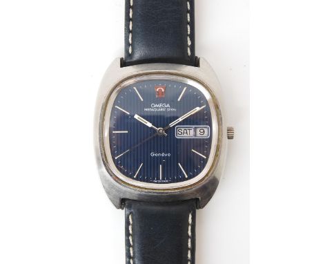 A stainless steel Omega Megaquartz 32Khz Geneve, with retro shaped dial and case, and blue leather strap Needs new battery, o