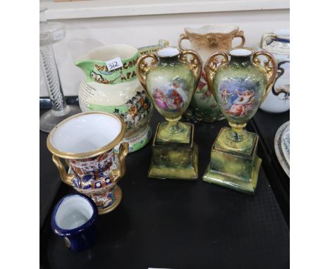 A lot comprising a Spode 967 imari pattern spill vase (restored), a pair of Royal Vienna vase garnitures, A Motts floral spil