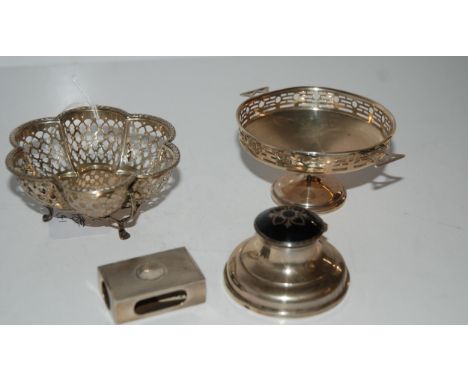 A lot comprising two silver bonbon dishes, a silver and enamel inkwell and a silver matchbox holder assorted makers and hallm