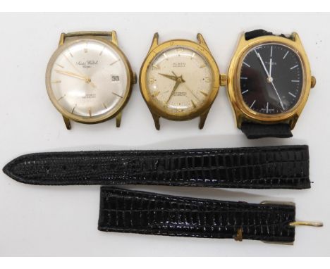 A gold plated Alben automatic watch, a Timex and a Swiss Watch Corps watch A condition report is not available for this lot.
