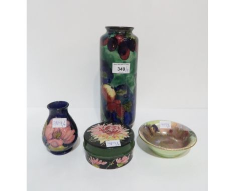 A Wemyss chrysanthemum pattern pot and cover, a small Maling dish, a Moorcroft Magnolia vase and a Titian Ware vase Condition