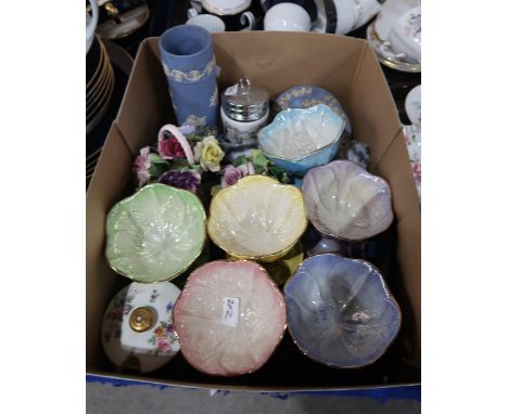 A lot comprising Maling lustre grapefruit cups, Wedgwood jasperware, Adderley floral poseys etc Not available for this lot