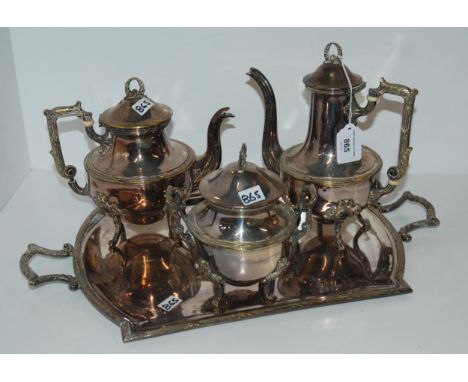 A part silver plated tea service (missing cream jug) on twin handled tray Condition report: Available upon request