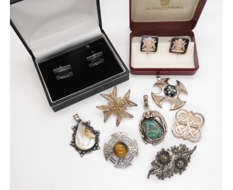 A Caithness Glass pendant, a First Nation style turquoise pendant, a silver and tigers eye brooch by John Hart Iona, and othe