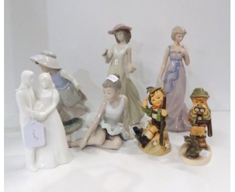 A Nao figure of a girl and hoop, a ballerina, a girl in a hat, two Hummels etc one Hummel broken