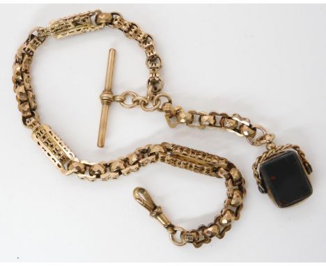 A 9ct gold fancy link vintage fob chain, soldered on 9c tag to the chain, stamped 9ct to the 'T' bar and lobster claw, togeth
