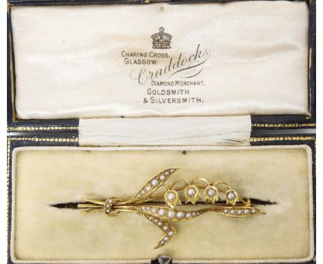 A 15ct gold, pearl set lily of the valley brooch, length 5cm, weight 4.4gms Condition report: 15ct stamped verso, all pearls 