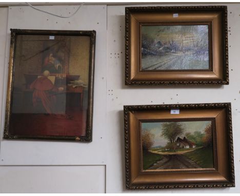 A lot comprising two framed oil landscapes and a framed print of a pianist (3) Condition report: Available upon request