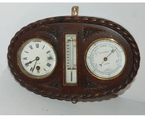 An oak cased clock, barometer and thermometer set by D McGregor &amp; Co, Glasgow, 32cm wide, oak cased barometer (def) etc C