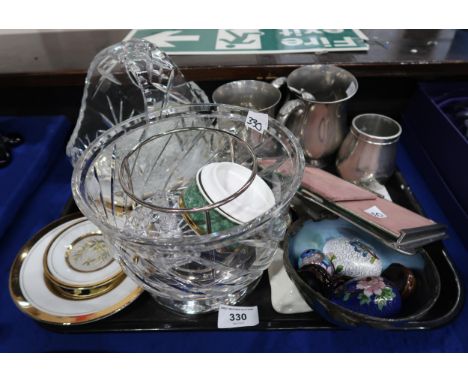 A lot comprising a cut glass bowl with EPNS base, a cut glass fruit basket, Canadian pewter floral photo frame, pewter tankar