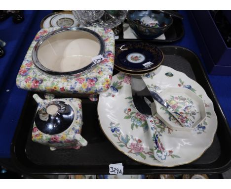 A lot comprising a Brama Midwinter chintz bowl and sugar bowl, a pair of Limoges saucers, an Aynsley floral cake plate and a 