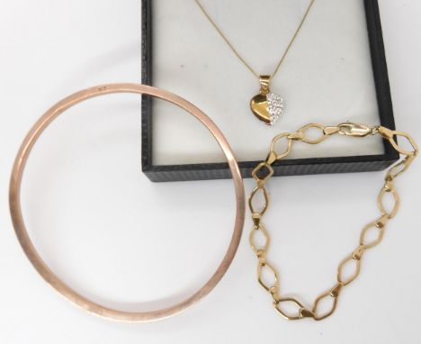 A 9ct rose gold bangle, inner diameter 7cm, a 9ct gold fancy link bracelet, a very fine 9ct chain with a gold plated silver p