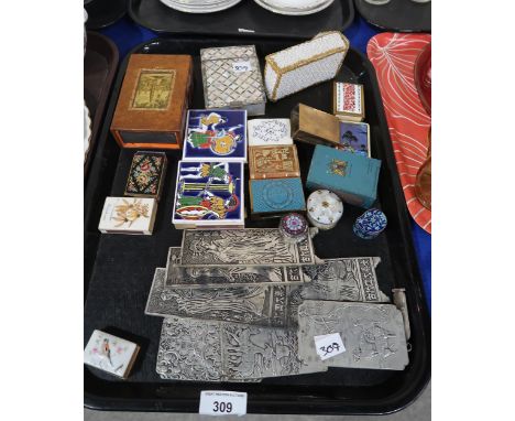 A lot comprising a white metal engraved trinket box, the lid with millefiori glass inlay,&nbsp; a white metal and blue enamel