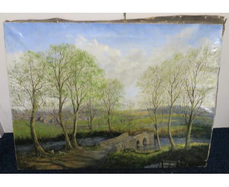 A lot comprising an unframed oil on canvas of a rural bridge and a signed proof print "Pool of Armine" signed D.Y Cameron (2)