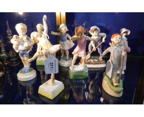 A set of Royal Worcester days of the week figures and two Royal Doulton figures Pillow Fight and Sophie Saturday's child is c