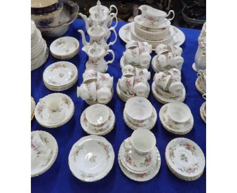 An extensive Royal Albert Moss Rose tea/dinner and coffee service, comprising coffee pots, teapot, cups and saucers, plates, 