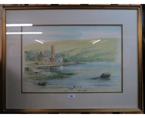 A framed print "Parish church at Ardbeg Rothesay, A.S. Rankin 1980", two framed watercolours and two further framed prints (5
