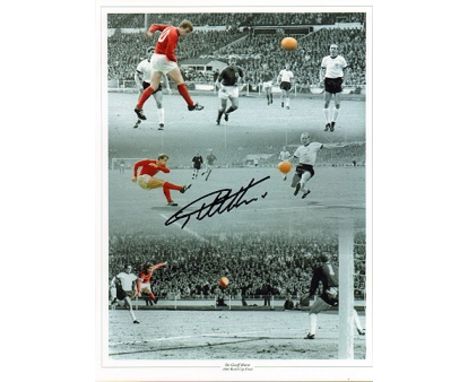 Geoff Hurst signed colour 16 x 12 inch 1966 World Cup final montage football photo. He remains the only man to score a hat-tr