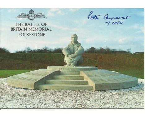 60 Battle of Britain pilots all signed on 6 x 4 colour postcard of the Battle of Britain Memorial in Folkestone. Signatures a