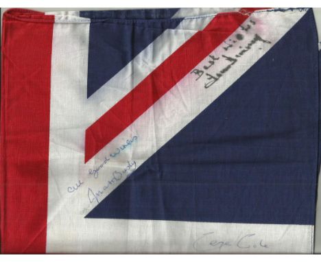 Matt Busby, Tim Rice, George Cole, and Tom Finney signed British Flag, slight leakage to Finney autograph. Unusual item with 